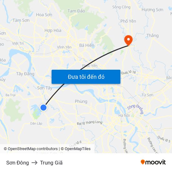 Sơn Đông to Trung Giã map