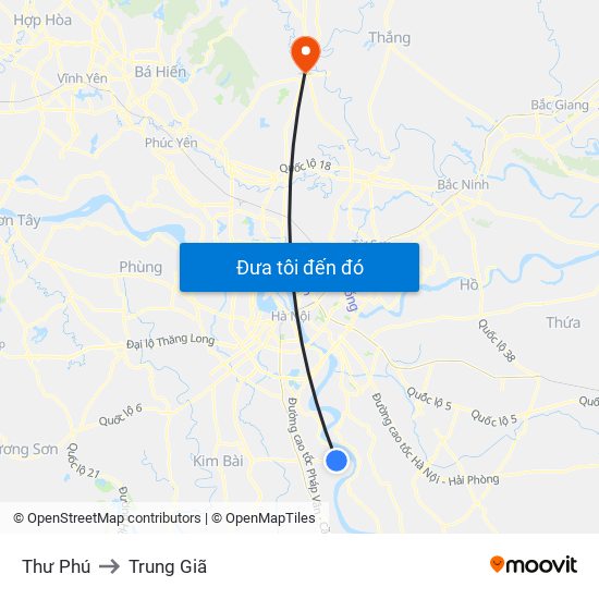 Thư Phú to Trung Giã map