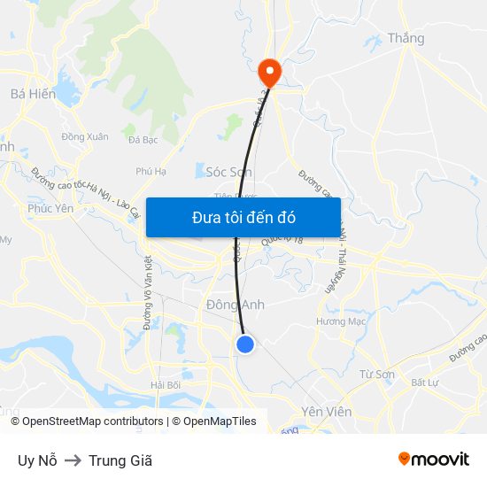 Uy Nỗ to Trung Giã map