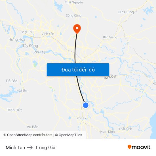 Minh Tân to Trung Giã map