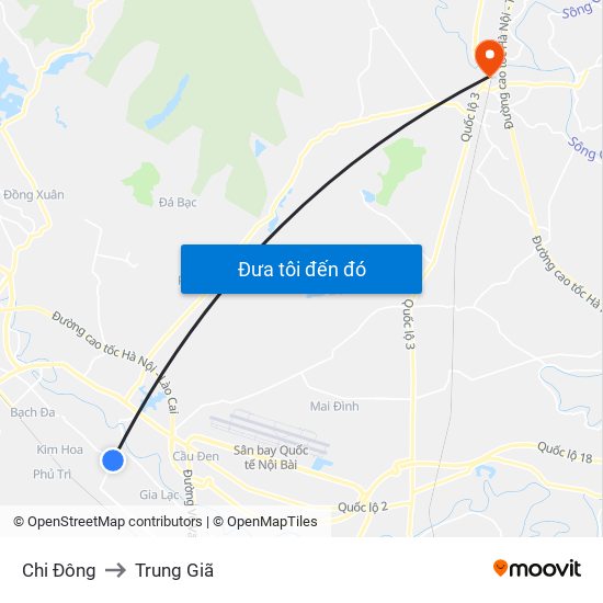 Chi Đông to Trung Giã map