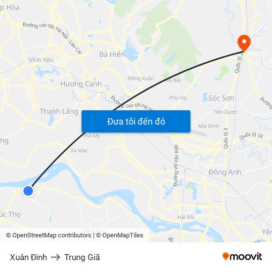 Xuân Đình to Trung Giã map