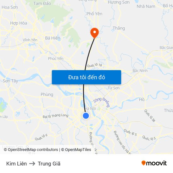 Kim Liên to Trung Giã map