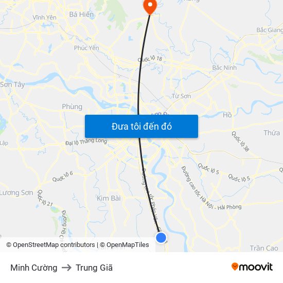 Minh Cường to Trung Giã map