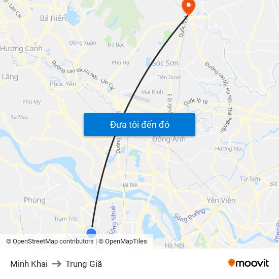 Minh Khai to Trung Giã map