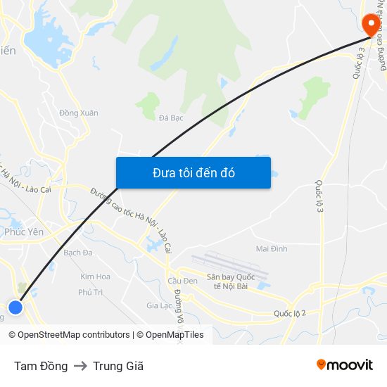 Tam Đồng to Trung Giã map