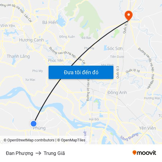 Đan Phượng to Trung Giã map