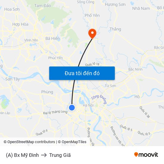 (A) Bx Mỹ Đình to Trung Giã map