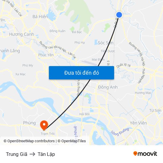 Trung Giã to Tân Lập map