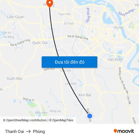 Thanh Oai to Phùng map