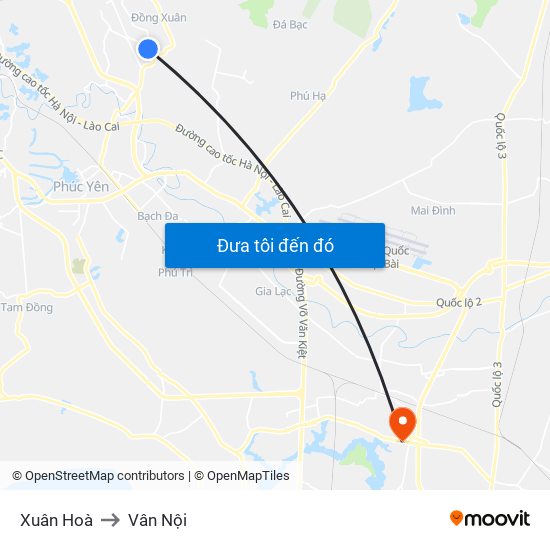 Xuân Hoà to Vân Nội map