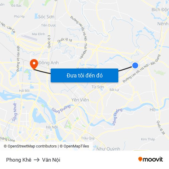 Phong Khê to Vân Nội map