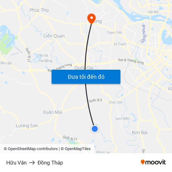 Hữu Văn to Đồng Tháp map
