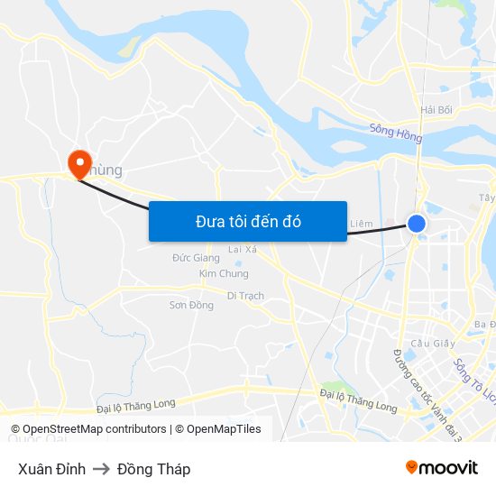 Xuân Đỉnh to Đồng Tháp map