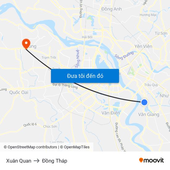 Xuân Quan to Đồng Tháp map