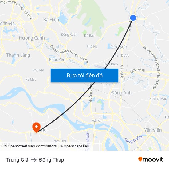 Trung Giã to Đồng Tháp map