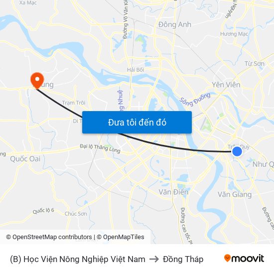(B) Học Viện Nông Nghiệp Việt Nam to Đồng Tháp map