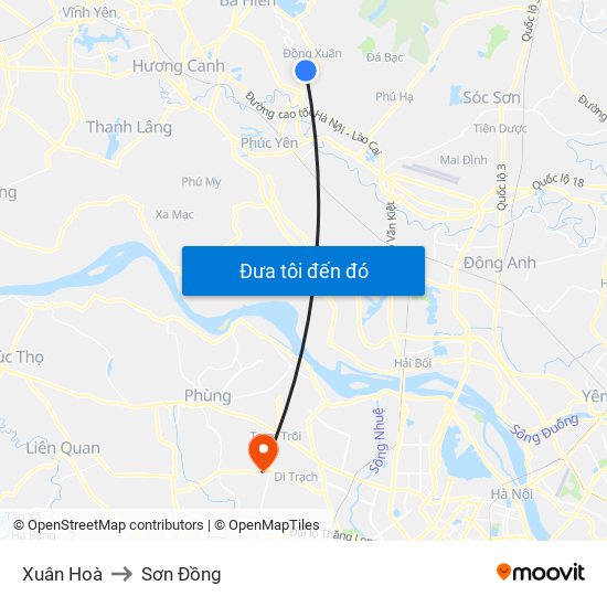 Xuân Hoà to Sơn Đồng map