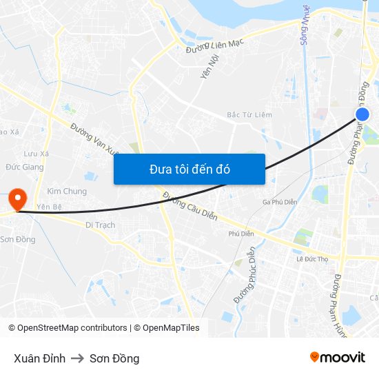 Xuân Đỉnh to Sơn Đồng map