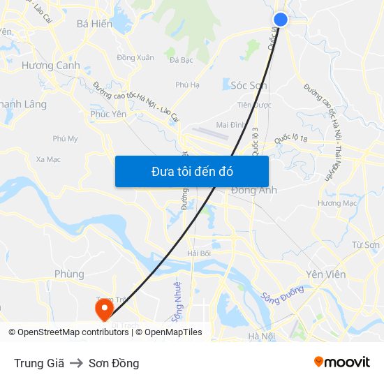 Trung Giã to Sơn Đồng map