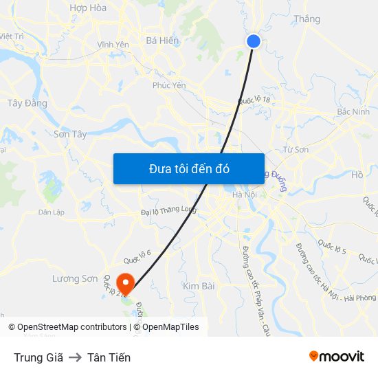 Trung Giã to Tân Tiến map