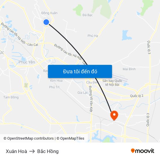 Xuân Hoà to Bắc Hồng map