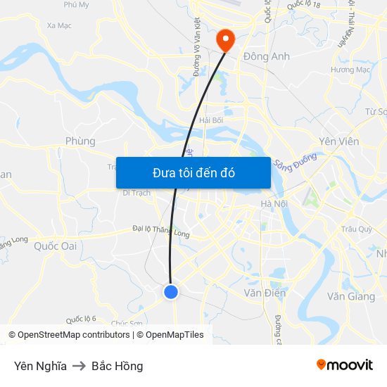 Yên Nghĩa to Bắc Hồng map