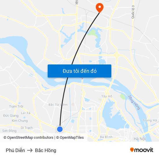 Phú Diễn to Bắc Hồng map