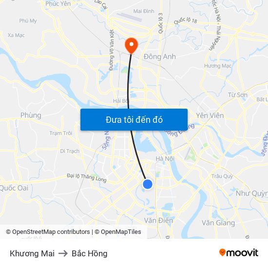 Khương Mai to Bắc Hồng map