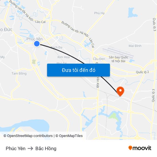 Phúc Yên to Bắc Hồng map