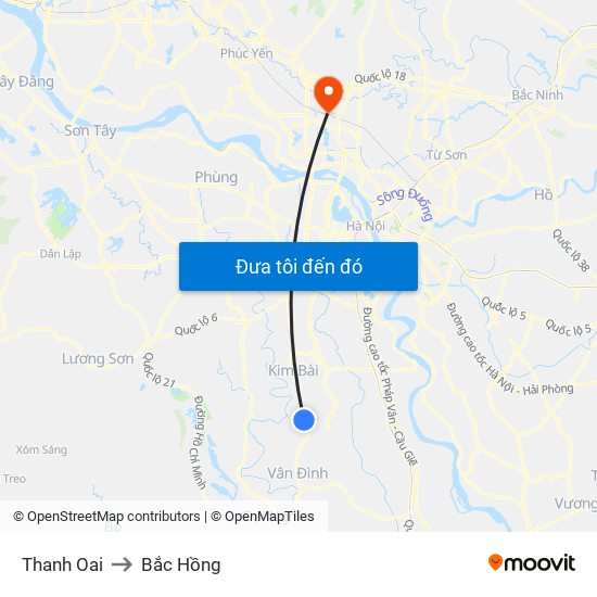 Thanh Oai to Bắc Hồng map