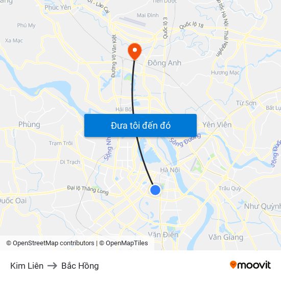 Kim Liên to Bắc Hồng map