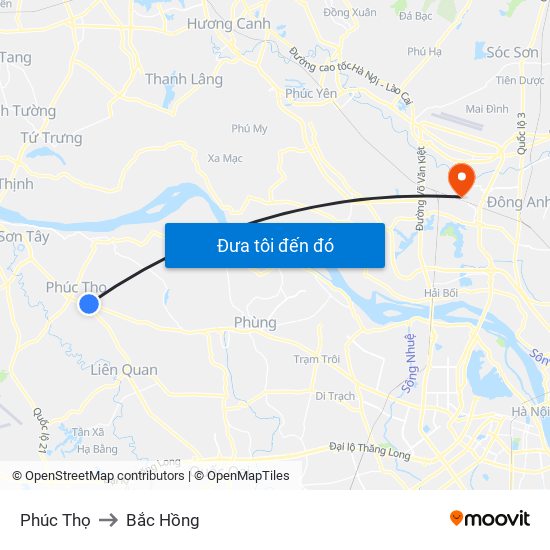 Phúc Thọ to Bắc Hồng map