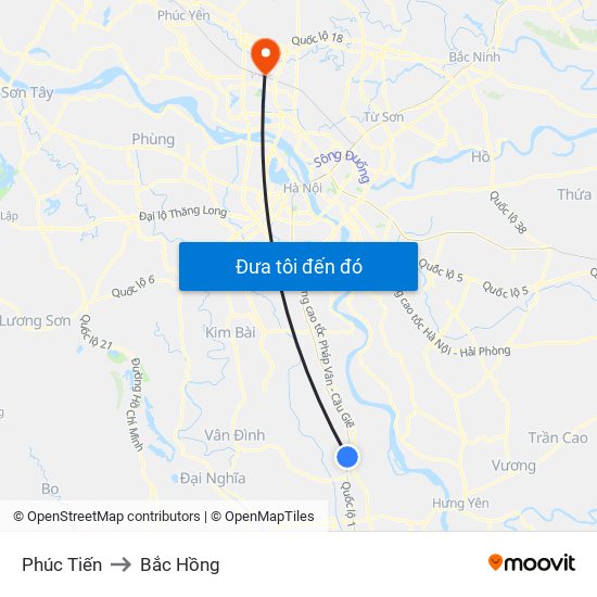 Phúc Tiến to Bắc Hồng map