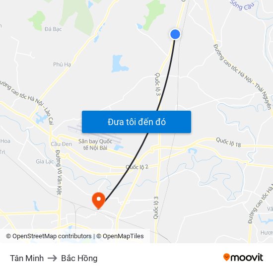 Tân Minh to Bắc Hồng map
