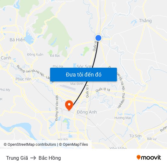 Trung Giã to Bắc Hồng map