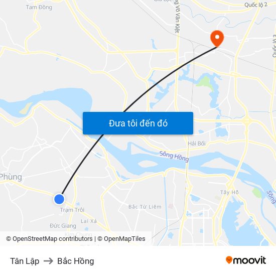 Tân Lập to Bắc Hồng map