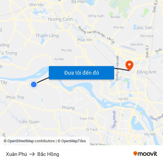 Xuân Phú to Bắc Hồng map