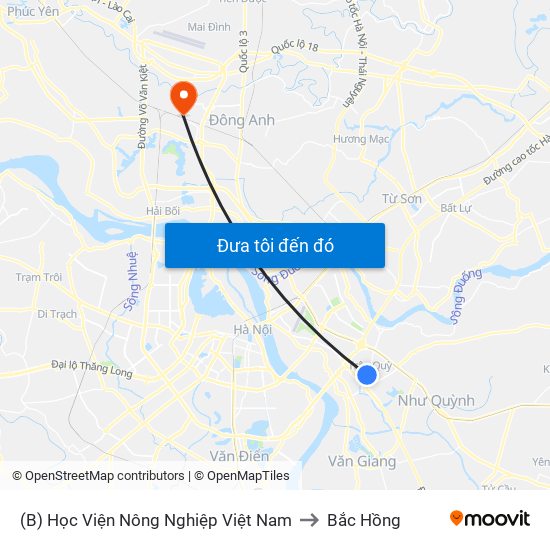 (B) Học Viện Nông Nghiệp Việt Nam to Bắc Hồng map