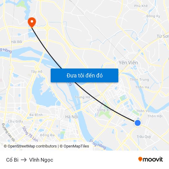 Cổ Bi to Vĩnh Ngọc map