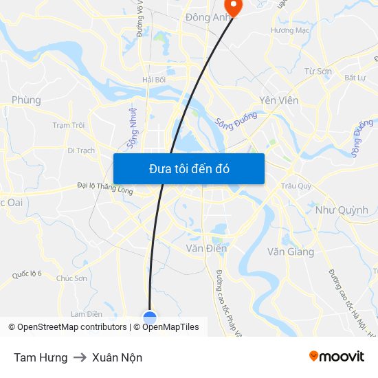 Tam Hưng to Xuân Nộn map