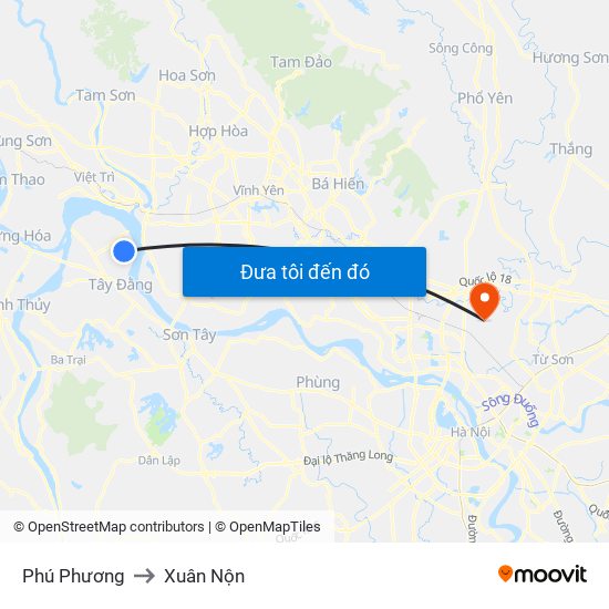 Phú Phương to Xuân Nộn map