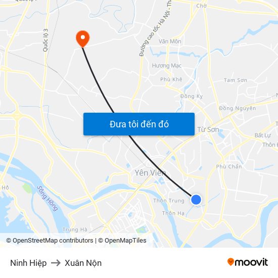 Ninh Hiệp to Xuân Nộn map