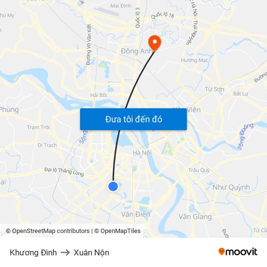 Khương Đình to Xuân Nộn map