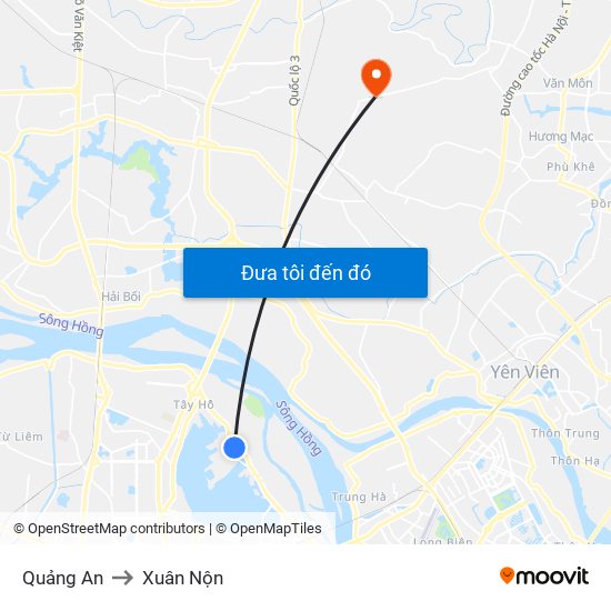 Quảng An to Xuân Nộn map