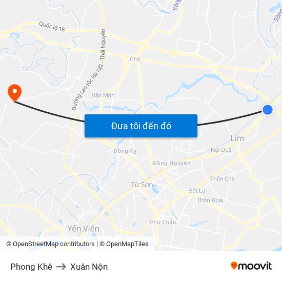 Phong Khê to Xuân Nộn map