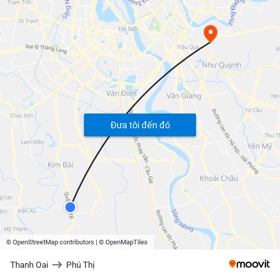 Thanh Oai to Phú Thị map