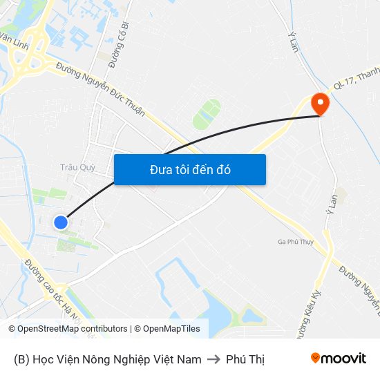 (B) Học Viện Nông Nghiệp Việt Nam to Phú Thị map