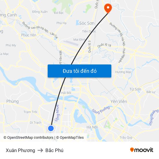 Xuân Phương to Bắc Phú map