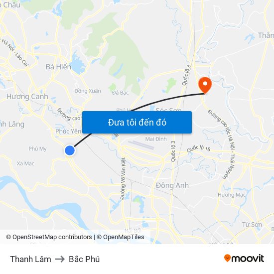 Thanh Lâm to Bắc Phú map